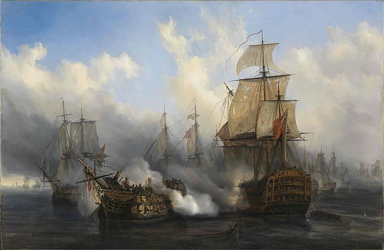 Le vaisseau de ligne français Bucentaure vaincu par le navire britannique HMS Sandwich à Trafalgar - par Auguste Mayer